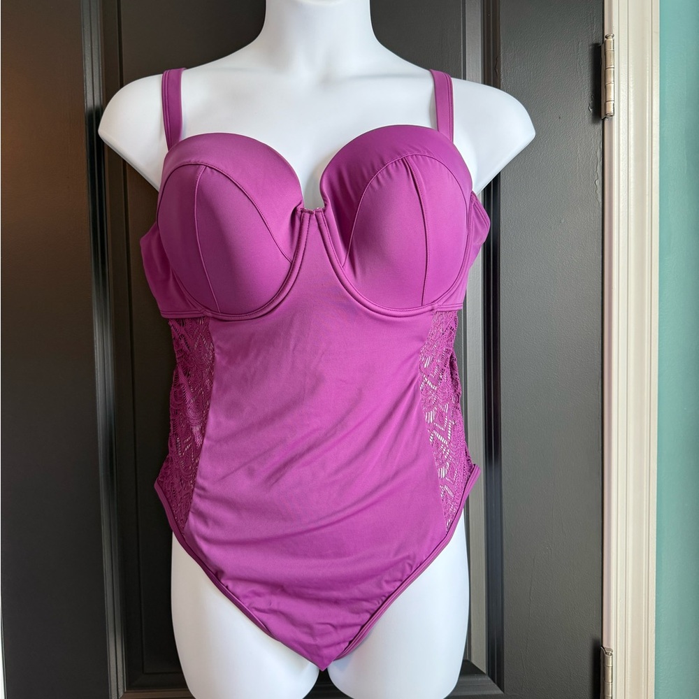 Purple crochet-inset swimsuit